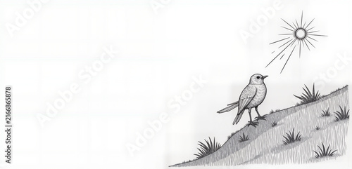 Minimalist line art illustration of a bird perched on a hill