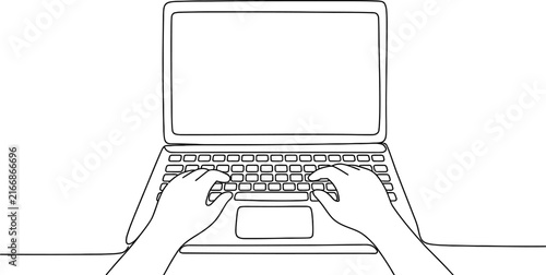 Hands typing on a laptop computer keyboard simple black and white line drawing illustration