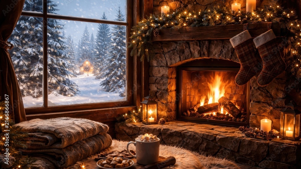 Fototapeta premium Cozy winter cabin fireplace scene.