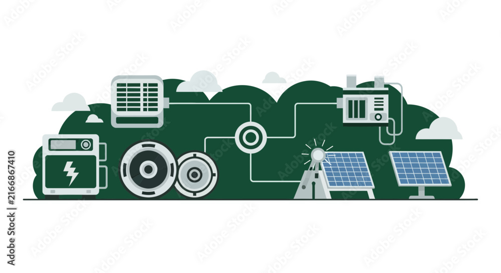 Obraz premium Renewable energy ecosystem illustration featuring solar panels, battery storage, and smart grid technology.