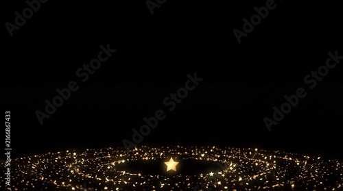 Glowing golden star sits in the center of sparkling circular trails of light on a black background for holiday design.