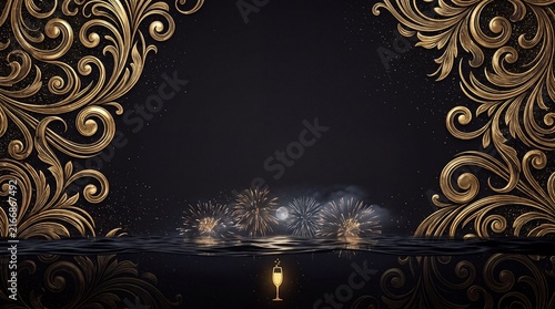 Gold ornamental floral frame surrounds a dark background with fireworks reflections for festive luxury background design.