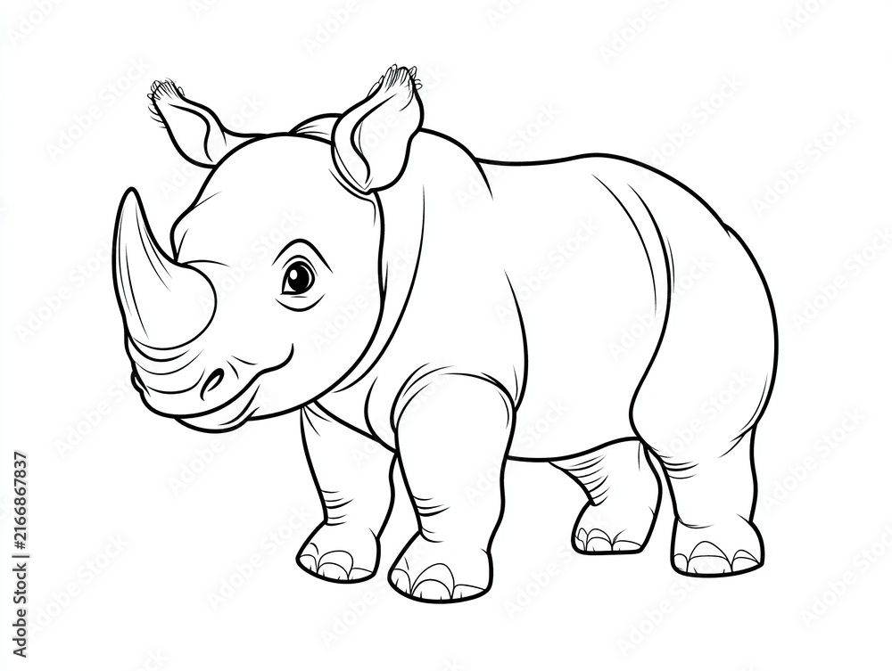 Fototapeta premium A cartoon-style rhinoceros illustration for coloring.