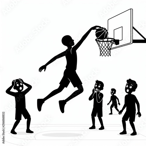 Silhouette Graphic of a Streetball Game with an Athlete Jumping to Score a Slam Dunk