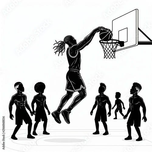 Black and White Vector Illustration of a Basketball Player Slam Dunking with Teammates
