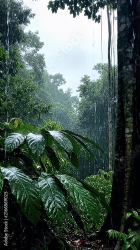 Lush tropical rainforest with hanging vines and dense foliage.