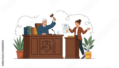 Принти на полотні Court of law vector illustration with judge raising gavel and female counsel hol