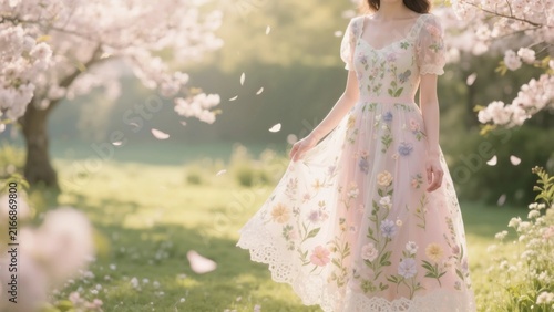 Naklejka 満開の桜が舞い散る美しい春の公園で花柄のシフォンドレスを纏ったエレガントな女性
