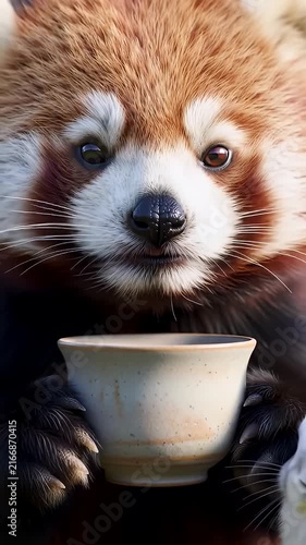 Red panda holding ceramic tea cup.