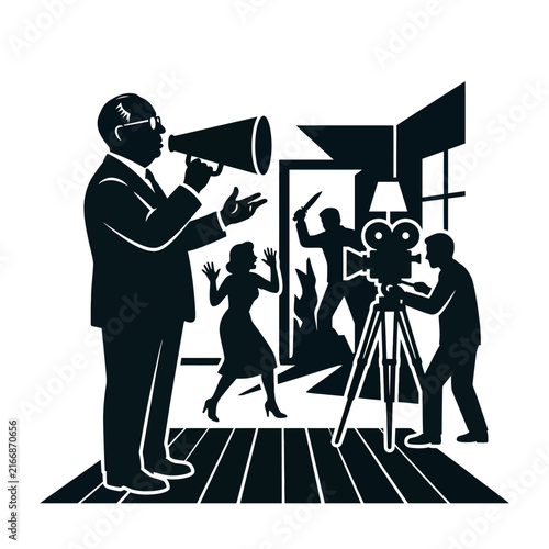 Film Director with Megaphone Directing a Movie Scene.