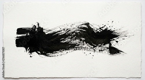Abstract Black Ink Brush Stroke on White Paper - Expressive Art