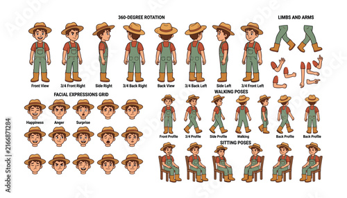 Картината върху платно Farmer boy character construction kit with turnaround poses facial expressions g