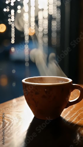 Steaming ceramic cup near window with bokeh.