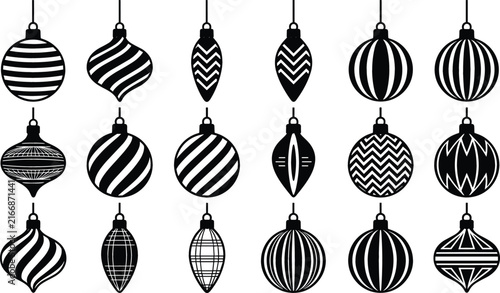 Christmas Bauble Ornament Silhouette Icon Set with Striped Patterned and Textured Hanging Balls for Winter Holiday Festive Greeting Card Designs