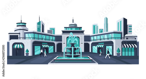 Modern Shopping Plaza and Urban Fountain Vector Illustration