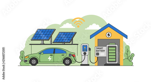 Sustainable Home Energy System with Electric Car Charging and Solar Panels Illustration