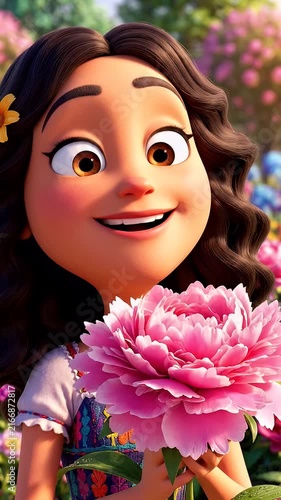 Young girl smelling large pink peony flower outdoors.