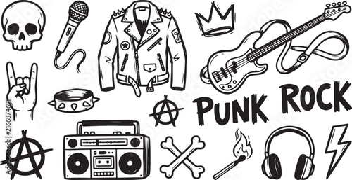 Rock Music Doodle Sticker Collection with Guitar, Skull, Punk and Grunge Elements