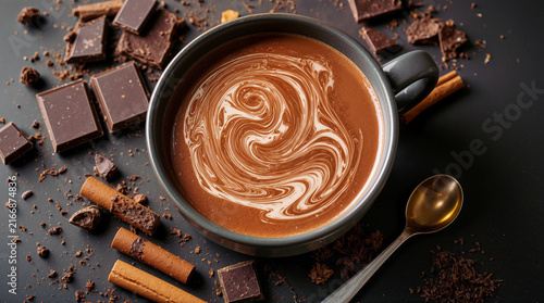 Top View of Rich Hot Chocolate Mug with Cream Swirl, Dark Chocolate Pieces and Cinnamon Sticks on Dark Table