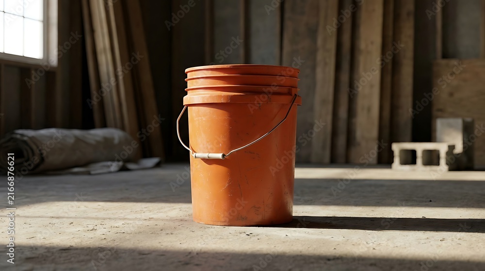 Naklejka premium Orange plastic bucket standing on the concrete floor inside an under construction building site. 5 gallon bucket