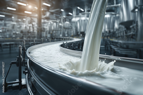 Fresh milk pouring onto industrial dairy processing production line
