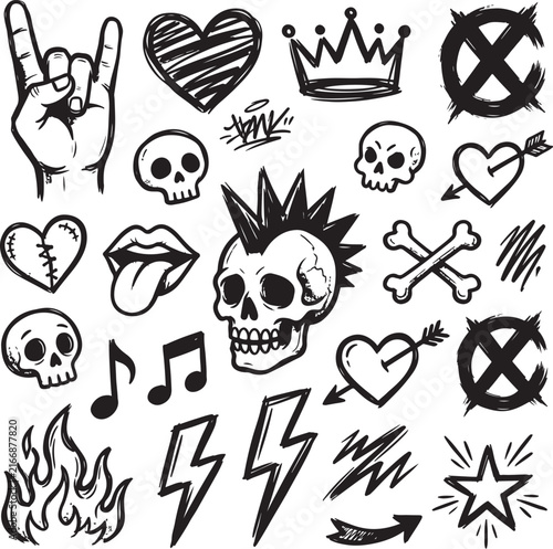 Fotografía Rock Music Tattoo Flash Vector Set, Punk Skull Guitar Icons, Black and White Ill