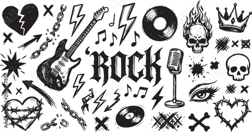 Fotografie Rock Music Tattoo Flash Vector Set, Punk Skull Guitar Icons, Black and White Ill