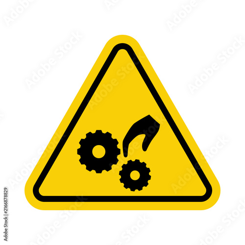Caution moving parts hazard warning sign, hand entrapment vector icon