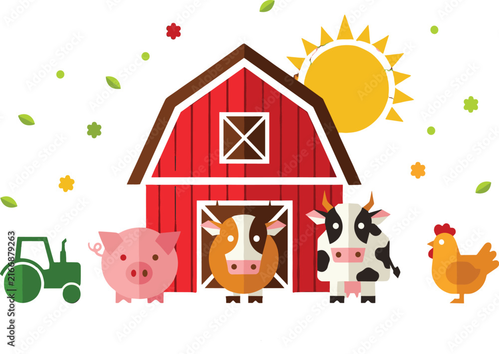 Naklejka premium Farm Animals with Red Barn and Tractor Flat Illustration