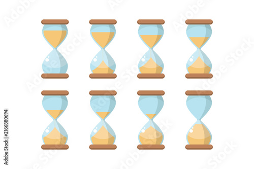 Bild auf Leinwand Set of eight hourglasses with different levels of sand representing time passing