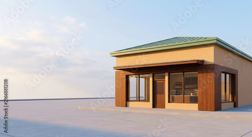 Modern Single Story Coffee Shop Building with Wood Siding 3D Render
