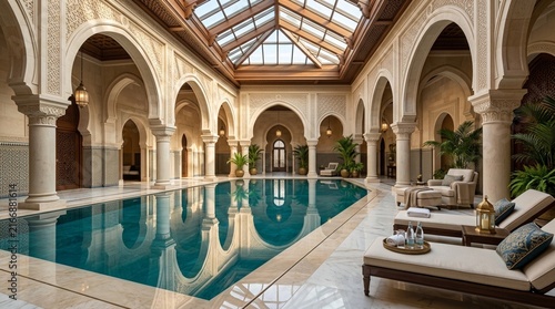 Luxurious indoor swimming pool with oriental architecture, natural light, and lounge chairs.