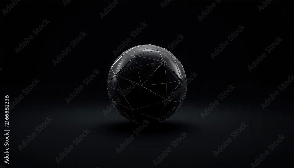 Fototapeta premium Textured dark sphere covered in water droplets resting on a reflective black surface with textured ball wet surface abstract orb dark globe sphere object minimalist ball reflection moisture