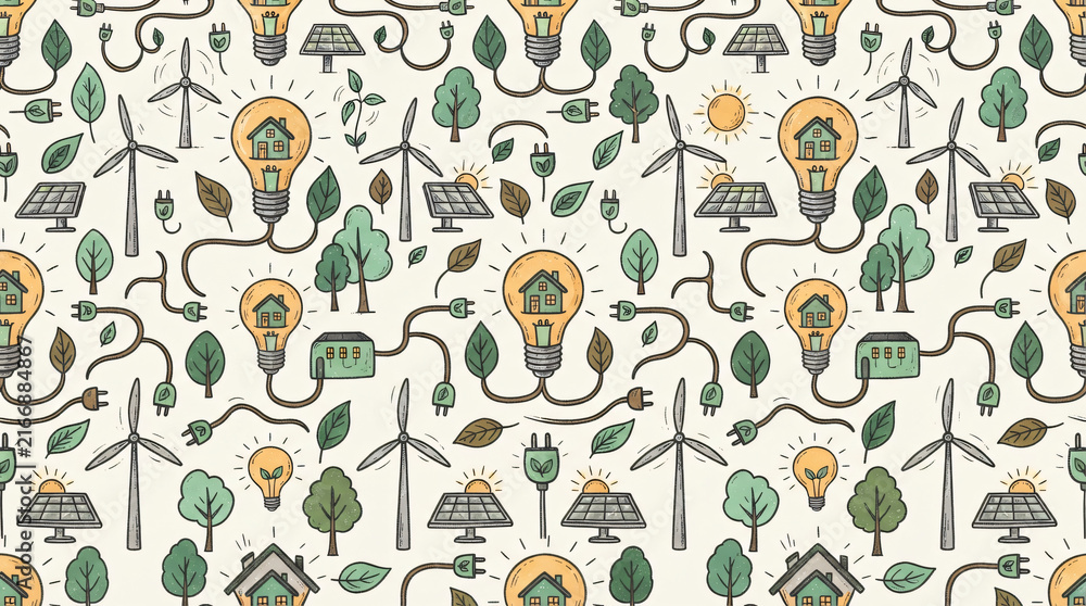  Smart home energy seamless pattern with hand drawn eco lightbulbs and solar panels. Vintage vector background featuring sustainability and electricity saving elements for green technology branding.
