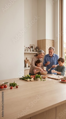 Multi-generation family gathered in cozy living room chatting and having tea with grandparents parents and children