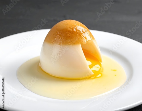 Poached egg dessert on white plate with sauce.