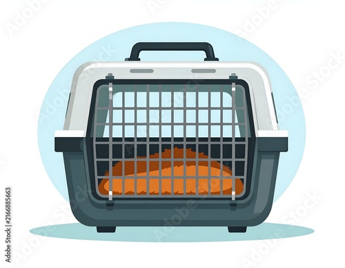 Plastic pet carrier crate with orange cushion.