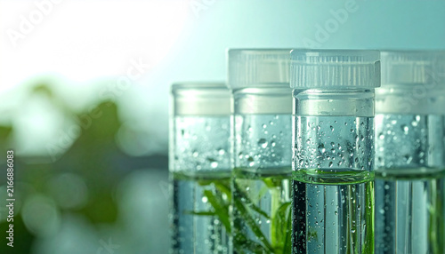 Laboratory Breakthroughs: Close-up of test tubes containing liquid and green plant matter, hinting at scientific research and botanical study with a soft, diffused background.