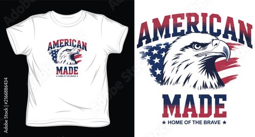 American made bald eagle portrait with stars and stripes flag graphic.