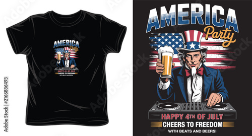 Uncle Sam DJ patriotic American flag t-shirt design for 4th of July celebration.