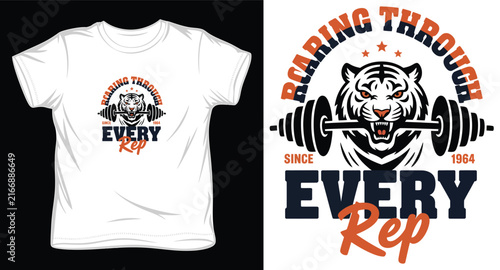 Tiger with barbell mouth gym graphic featuring roaring through every rep text for bodybuilding apparel and clothing.