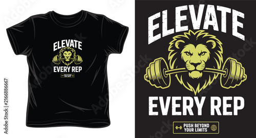 Lion biting weight bar t-shirt design with elevate every rep typography for fitness and bodybuilding enthusiasts.