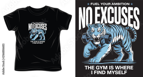 Tiger graphic t-shirt design with gym motivation quote for sportswear apparel.
