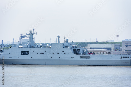 Photography Military warship operated by the Chinese Navy docked on the Yangtze River near Shanghai