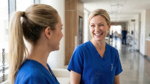 Two nurses laughing and talking together in a hospital hallway showing camaraderie.