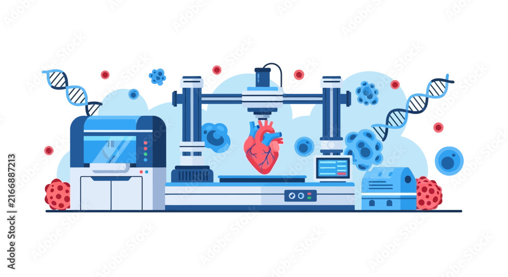 Obraz premium 3D Bioprinting Human Heart Medical Technology Concept Vector Illustration