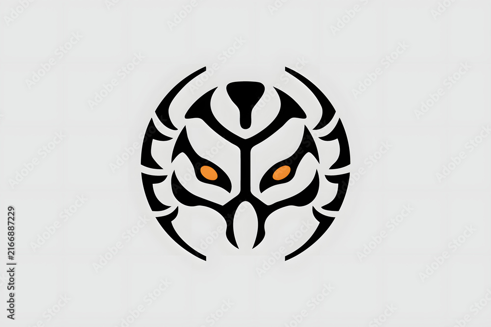 Naklejka premium Abstract tribal spider logo with orange eyes and circular symmetrical design.