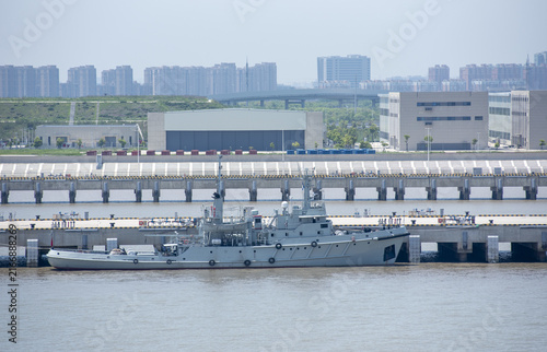 Photography Modern Chinese military warship berthed along the Yangtze River near Shanghai, China