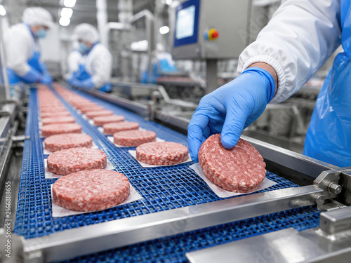 Industrial Meat Processing Line with Raw Burger Patties and Food Factory Workers