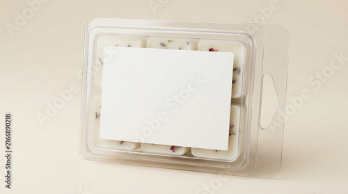 Wax Melt Mockup with Blank Label and Dried Flowers in Plastic Clamshell Packaging on Neutral Background